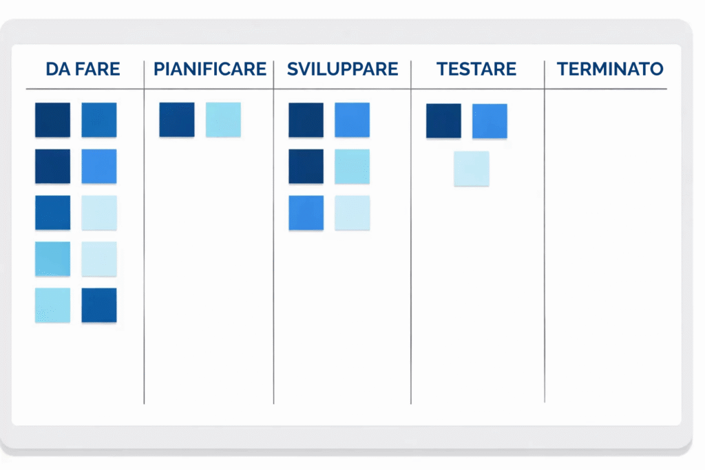 Una tavola Kanban, utilizzata per organizzare le attività di un progetto. Le carte presenti indicano le attività ancora da iniziare, evidenziando il lavoro pianificato ma non ancora avviato.